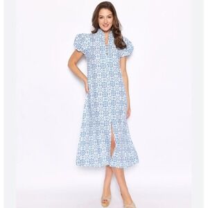 Sail to Sable NWT Women's Blue Medallion Linen Blend Puff Sleeve Midi Dress sz L